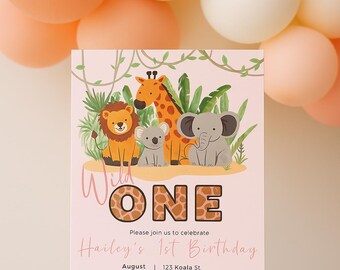 Wild One Safari 1st Birthday Invitation Girl - Jungle Animals First Birthday Invite Digital Download