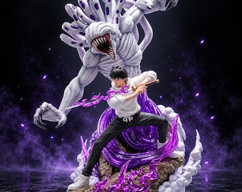 May include: A detailed anime-style figurine featuring a character in a white hoodie and black pants holding a sword. Behind the character stands a large, white, multi-limbed creature with purple spots and sharp teeth, surrounded by purple energy effects.