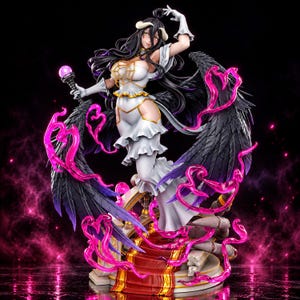 May include: A detailed anime-style figurine of a female character with long black hair, large black feathered wings, and white horns. She wears a white dress with gold trim and holds a staff with a glowing purple orb, surrounded by swirling pink energy.