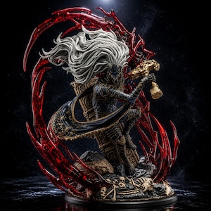 May include: A detailed collectible figurine of a dark-armored warrior with long white hair, holding a golden hammer. The figure is surrounded by translucent red energy effects and sits atop a base scattered with skulls and bone fragments.