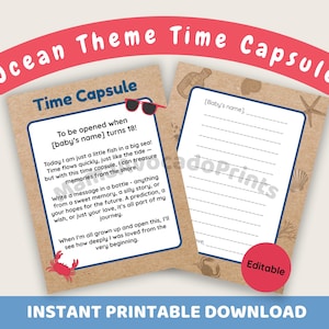 Puede incluir: Cápsula del tiempo con temática oceánica imprimible con texto e ilustraciones. Incluye espacio para un mensaje y gafas de sol. Descarga imprimible instantánea.