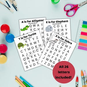 Paquete imprimible de búsqueda de letras del alfabeto: 26 hojas de trabajo de reconocimiento de letras, actividad preescolar de la A a la Z, juego de aprendizaje para niños pequeños sin preparación