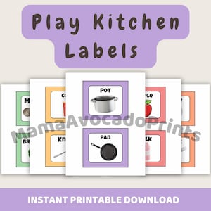 May include: Printable play kitchen labels featuring illustrations of kitchen items such as a pot, pan, and apple. The labels are in various colours and include the text "Play Kitchen Labels" and "Instant Printable Download".