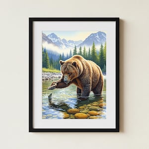 Grizzly Bear Watercolor Digital Wall Art Print | Living Room Cabin Decor Wildlife - Instant Download