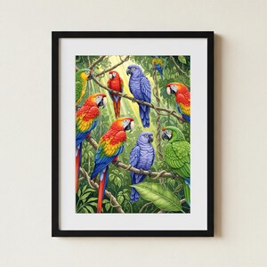Vibrant Parrot Oil Painting Print: Tropical Rainforest Jungle Art (Digital Download)