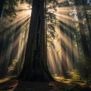 Redwood Forest Digital Wall Art Print | Living Room Nature Decor Sunbeam Art - Instant Download