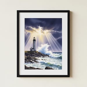 Lighthouse Oil Painting Digital Wall Art Print | Stormy Coastal Living Room Decor - Instant Download