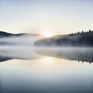 Ethereal Lake Sunrise Mist Print: Serene Landscape Art (Digital Download