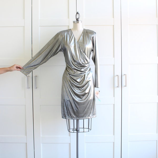 70s Silver Metallic Dress / Deadstock Long Sleeve Dress / Bodycon Wrap Dress / size Medium