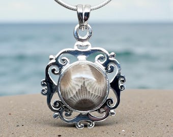 Colgante de plata de ley con piedra Petoskey / Elegante belleza de coral fosilizado