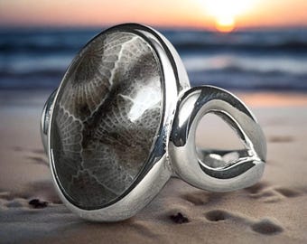 Talla 6 - Anillo de piedra Petoskey - Plata esterlina - Joyería de piedra Petoskey - Fabricado en Michigan - Sunbeams of Promise
