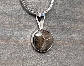 Petoskey Stone Pendant - Sterling Silver - 12 mm Round - Petoskey Stone Jewelry - Made in Michigan - Sunbeams of Promise