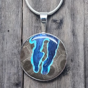 Pre-Order - Old Mission Peninsula Pendant - Sterling Silver - Petoskey Stone - Leland Blue - Turquoise