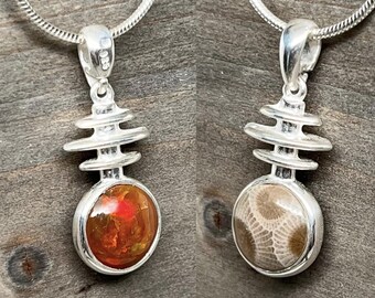 Belleza reversible: colgante de plata de ley con ópalo etíope y piedra Petoskey