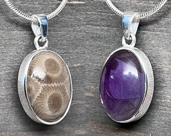Reversible Beauty: Amethyst and Petoskey Stone Sterling Silver Pendant