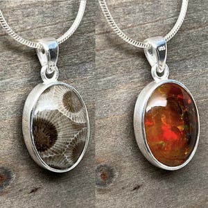 Reversible Beauty: Ethiopian Opal and Petoskey Stone Sterling Silver Pendant