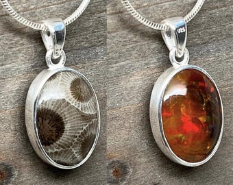 Belleza reversible: colgante de plata de ley con ópalo etíope y piedra Petoskey