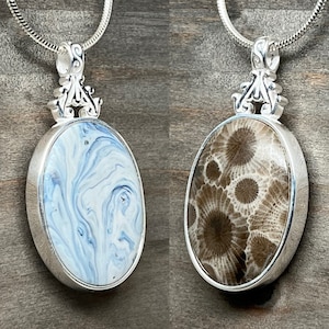 Reversible Beauty: Petoskey Stone and Leland Blue Sterling Silver Pendant