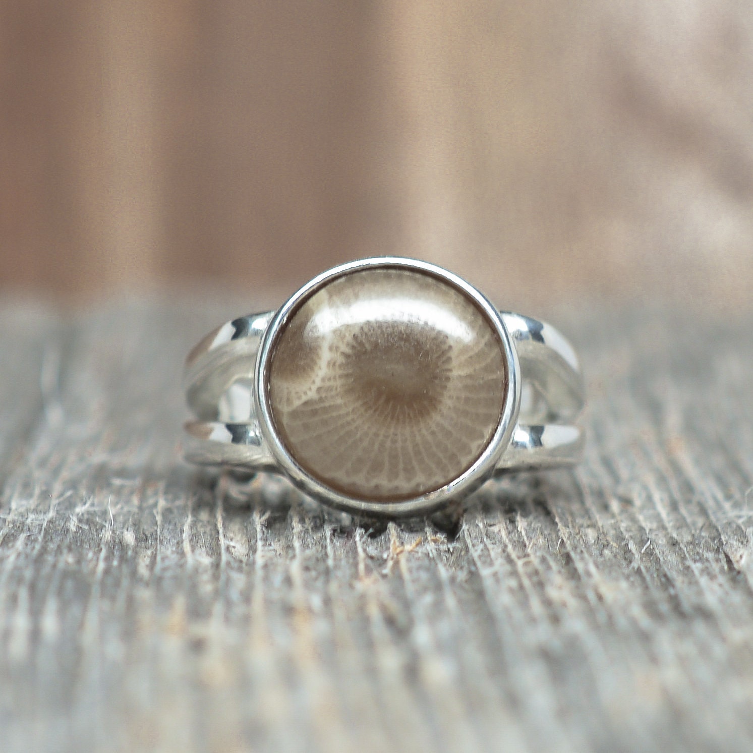 Petoskey Stone Ring Size 7 Sterling Silver 12mm Round