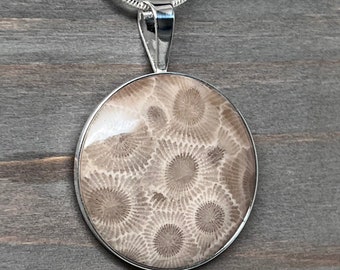 Timeless Elegance: 30mm Petoskey Stone Pendant in Sterling Silver | Gift Wrapped