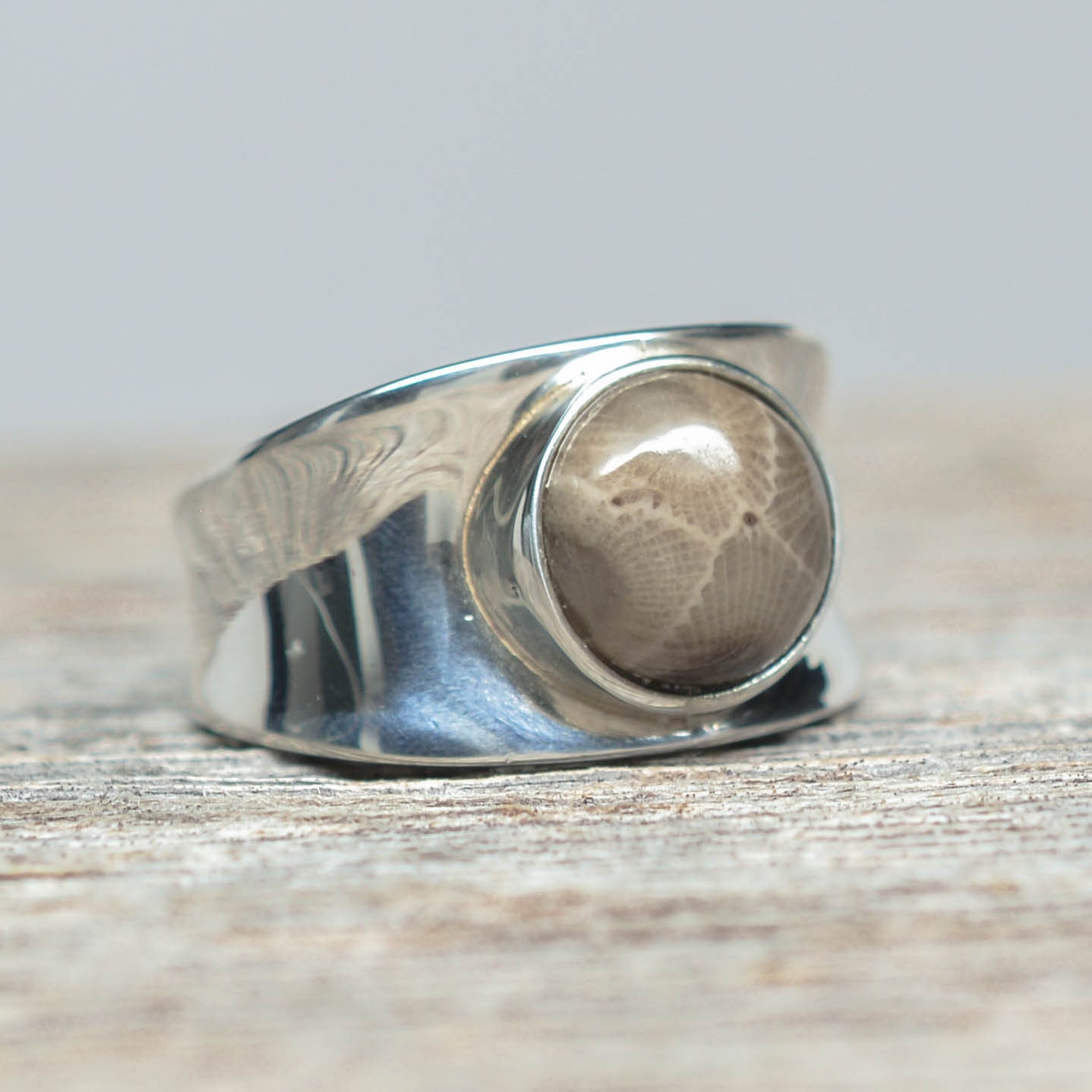Petoskey Stone Ring Sterling Silver Round Size 8