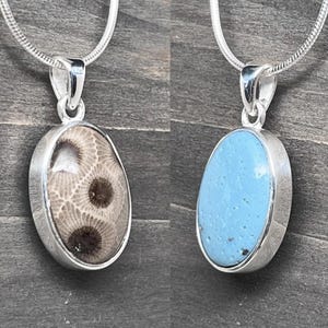 Reversible Beauty: Petoskey Stone and Leland Blue Sterling Silver Oval Pendant