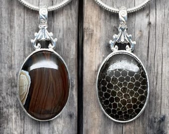 Reversible Beauty: Lake Superior Agate and Petoskey Stone Sterling Silver Pendant