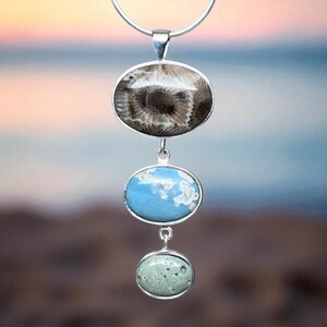 Triple Michigan Stone Pendant - Petoskey Stone - Leland Blue - Frankfort Green - Sterling Silver