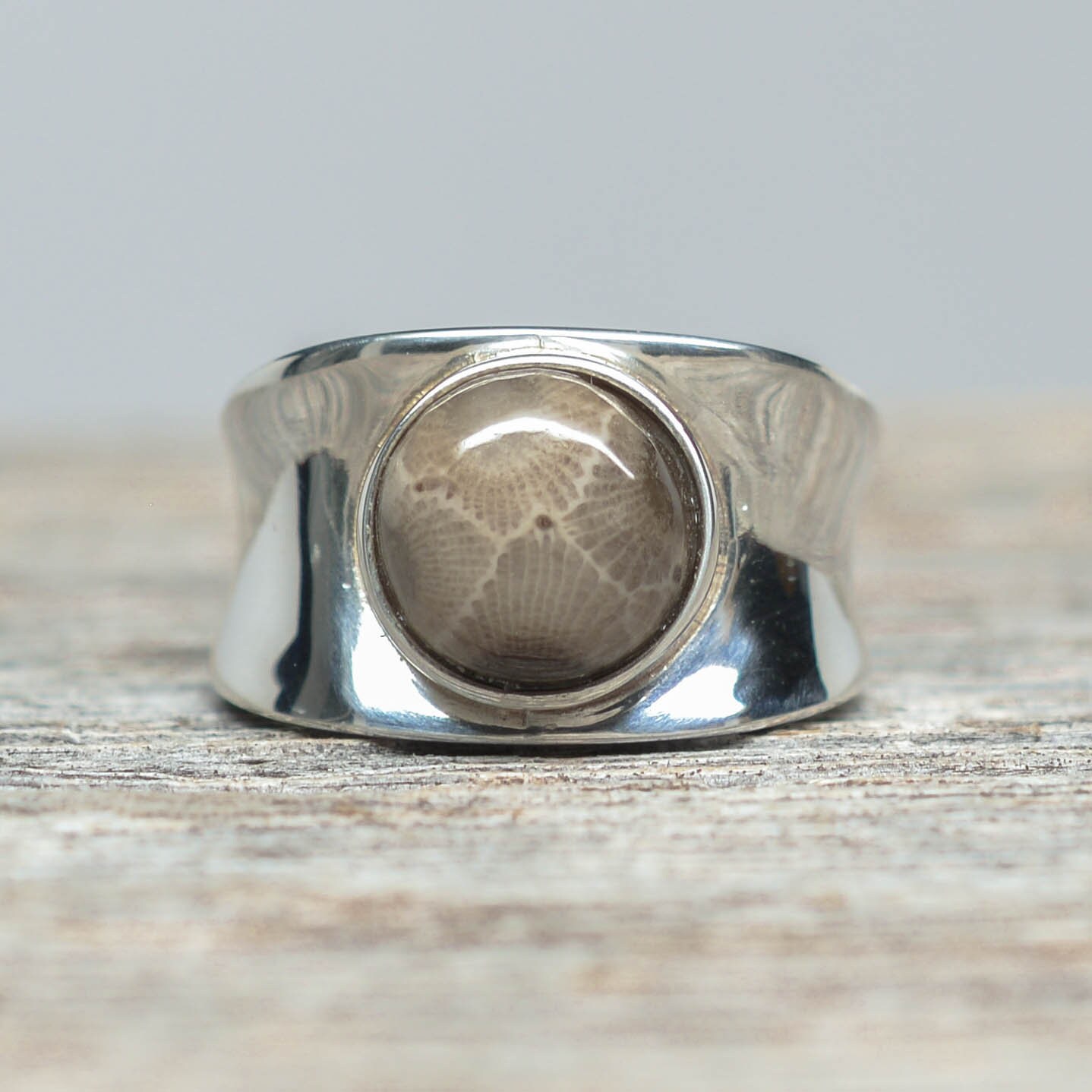 Petoskey Stone Ring Sterling Silver Round Size 8