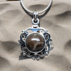 Sterling Silver Petoskey Stone Pendant | Elegant Fossilized Coral Beauty