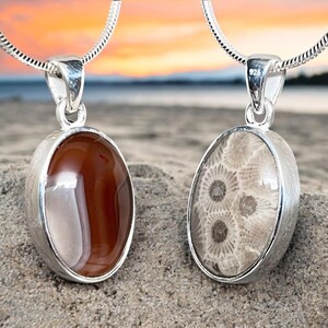 Reversible Beauty: Lake Superior Agate and Petoskey Stone Sterling Silver Pendant