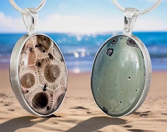 Reversible Beauty: Petoskey Stone and Frankfort Green Sterling Silver Pendant