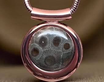 Reflejos Ancestrales: Colgante Petoskey Stone chapado en cobre / Cadena incluida