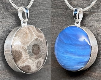 Reversible Beauty: Petoskey Stone and Leland Blue Sterling Silver Pendant