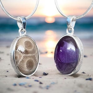 Reversible Beauty: Amethyst and Petoskey Stone Sterling Silver Pendant