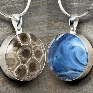 Reversible Beauty: Petoskey Stone and Leland Blue Sterling Silver Pendant