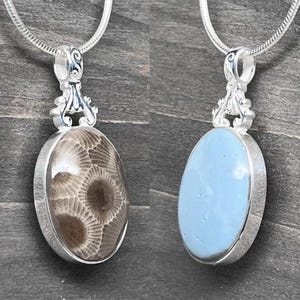 Reversible Beauty: Petoskey Stone and Leland Blue Sterling Silver Oval Pendant
