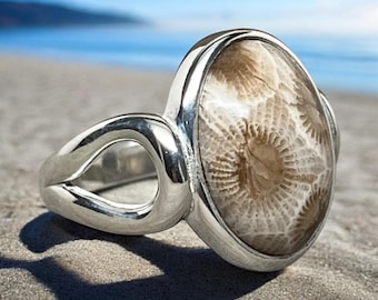 Tamaño 8 1/4 - Anillo de piedra Petoskey - Plata esterlina - Joyería de piedra Petoskey - Joyería de Michigan - Anillo de Michigan - Sunbeams of Promise