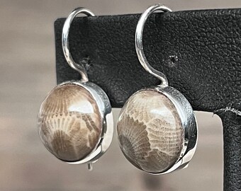 Petoskey Stone Earrings - Sterling Silver - 12mm Round