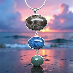 Triple Michigan Stone Pendant - Petoskey Stone - Leland Blue - Frankfort Green - Sterling Silver