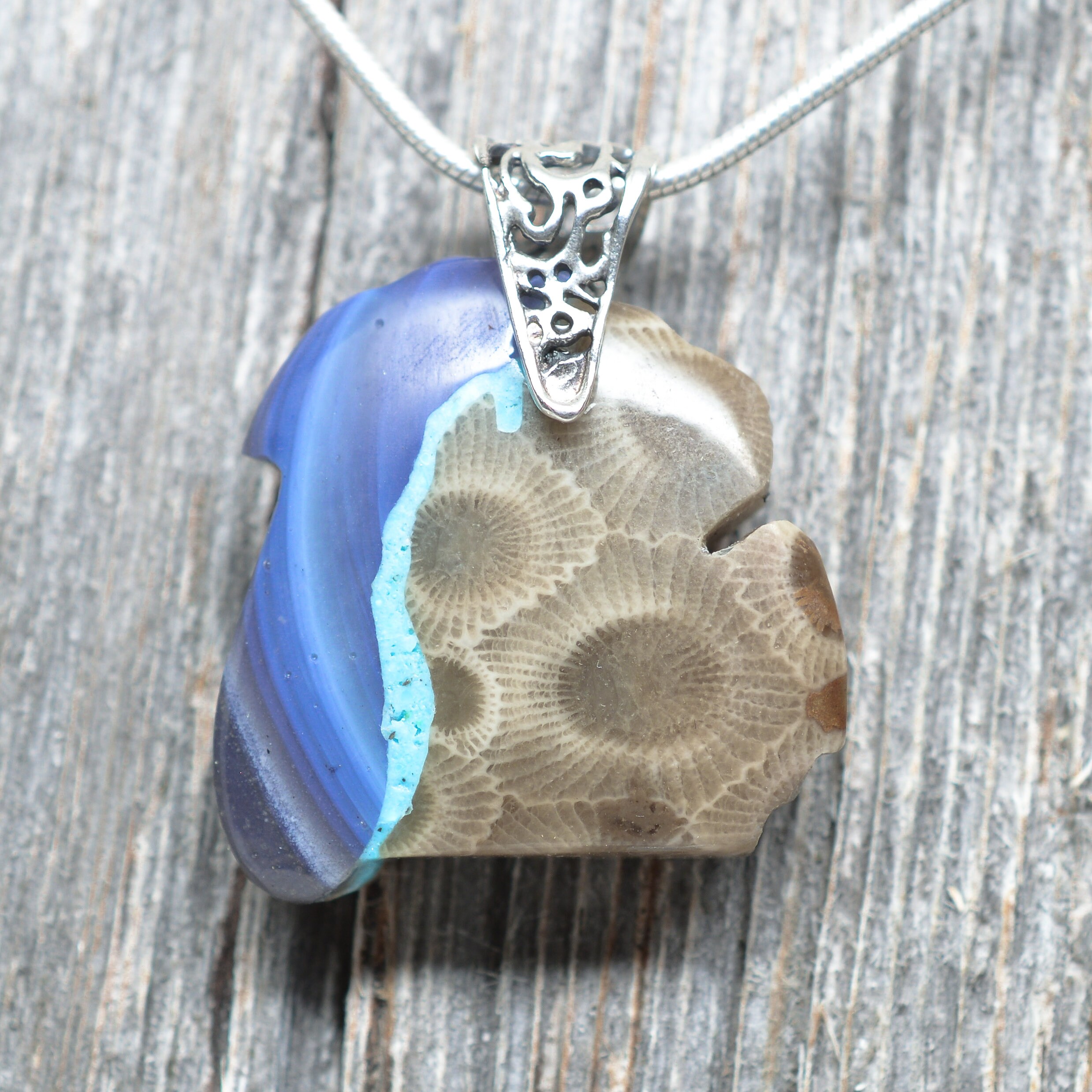 Michigan Shaped Petoskey Stone Pendant with Leland Blue ...