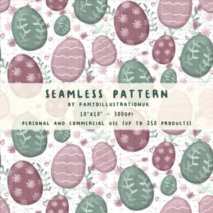 May include: Seamless pattern featuring Easter eggs in shades of pink and green, adorned with floral and leaf designs. The eggs are scattered across a white background with small flowers and hearts. The text "SEAMLESS PATTERN" is displayed.