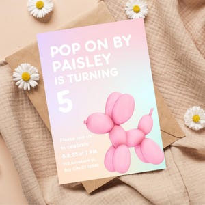 Plantilla de invitación de cumpleaños con globos de animales para niñas / Invitación de cumpleaños infantil personalizable y colorida / Plantilla de invitación editable con arcoíris