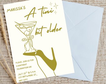 Plantilla de invitación de cumpleaños Tini Bit para mayores / Invitación personalizable para el 21.º cumpleaños con temática de martini / Plantilla de invitación editable para el 21.º cumpleaños
