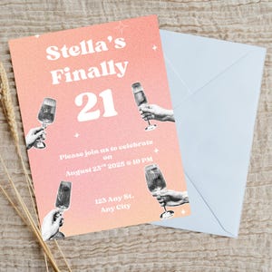 Modèle d'invitation d'anniversaire pour 21 ans | 21ème anniversaire sur le thème personnalisable de cocktail Y2K | Modèle d'invitation modifiable pop art