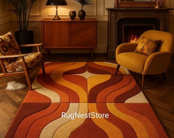 Retro 70s Geometric Area Rug | Mid Century Modern Wavy Carpet | Orange Mustard Earth Tone Decor | 3D Carved Hand Tufted Wool Rug