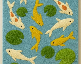 Handmade Koi Fish Rug | Wavy Pond Design Carpet | Japanese Zen Art Rug Colorful Tufted Carpets for Living Room, Nursery & floor decor Space