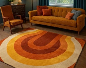 Retro Mid Century Tufted Shag Rug – 70s round design Orange & Yellow Vintage Style Carpet | Handmade Cozy Living Room Decor Rug.