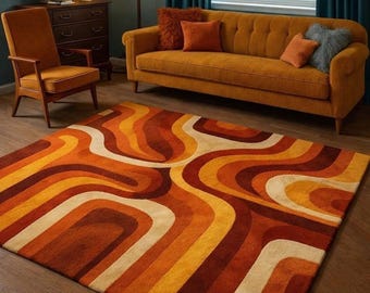 Retro Mid Century Tufted Shag Rug – 70s Geometric Orange & Yellow Vintage Style Carpet | Handmade Cozy Living Room Decor Rug.
