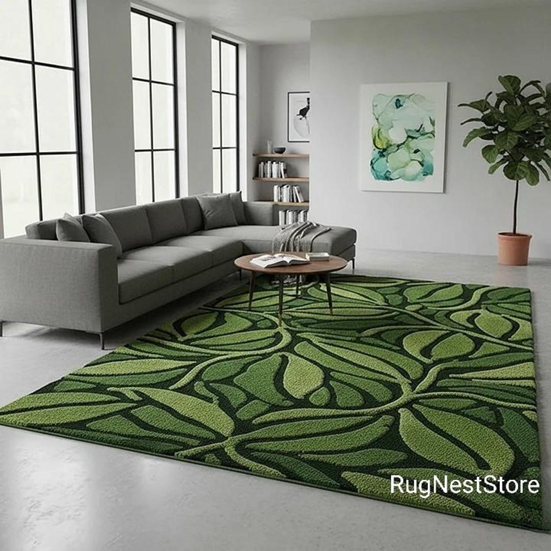 Hand-tufted Green Leaf Pattern Rug.nature-inspired Modern Carpet for ...